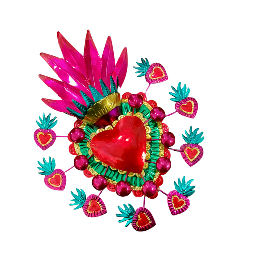 Große 3D-Metallherzen aus Oaxaca – handgefertigte Wanddeko, mehrschichtig & bunt