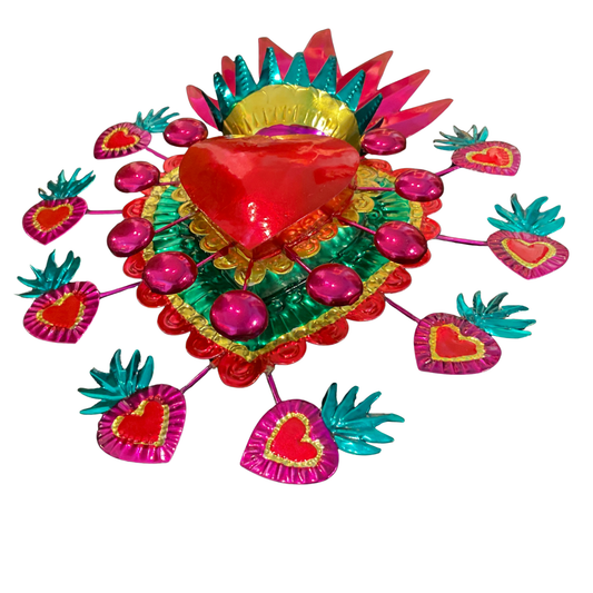 Große 3D-Metallherzen aus Oaxaca – handgefertigte Wanddeko, mehrschichtig & bunt