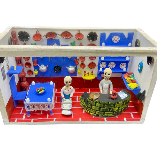 Handgefertigte Calavera Box mit Alltagsszenen aus Mexiko – Traditionelle Dekoration für den Día de los Muertos