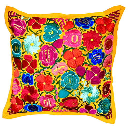 Handgewebte Kissenhülle mit Blumenstickerei – Bunt, 48x48 cm – Chichicastenango Design