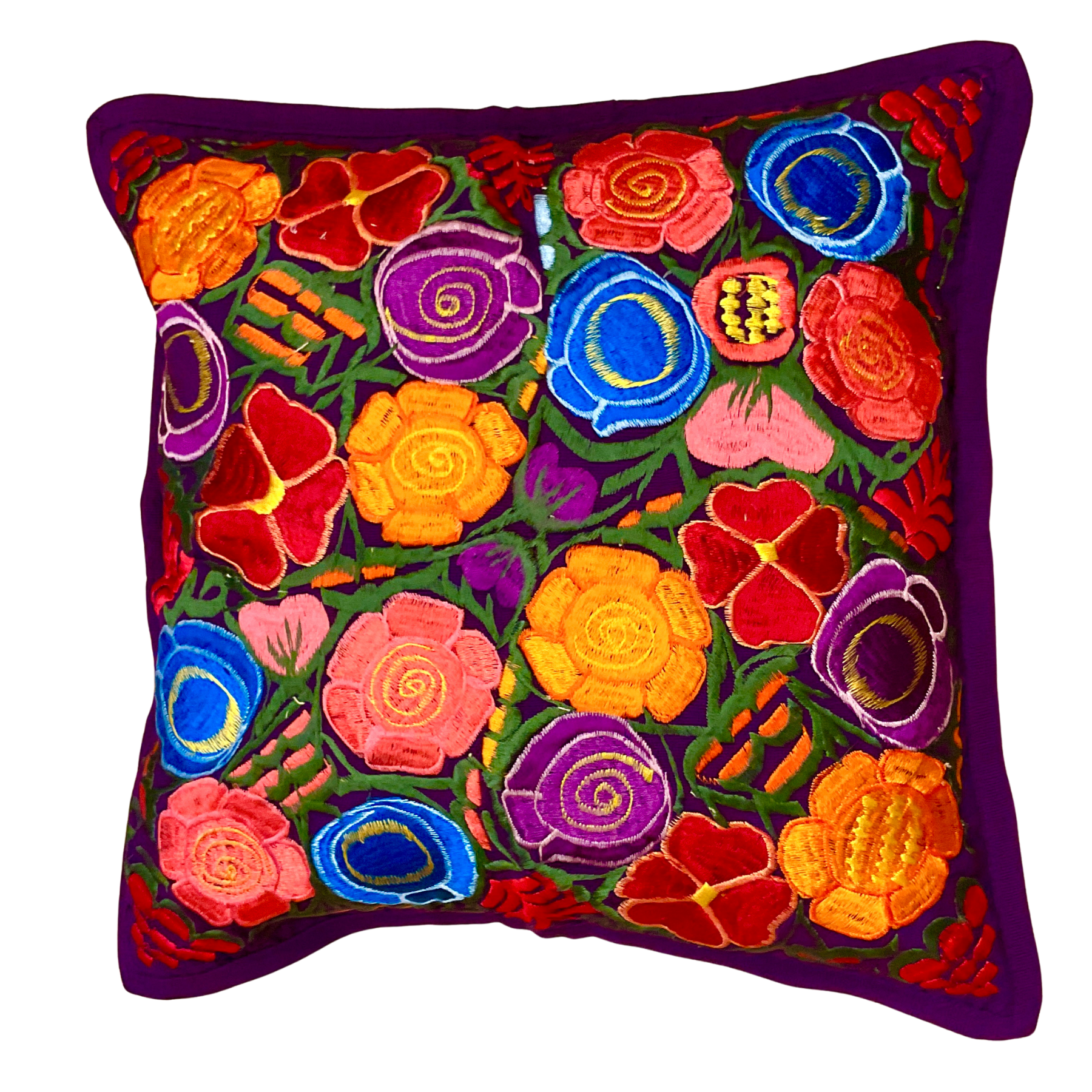 Handgewebte Kissenhülle mit Blumenstickerei – Bunt, 48x48 cm – Chichicastenango Design