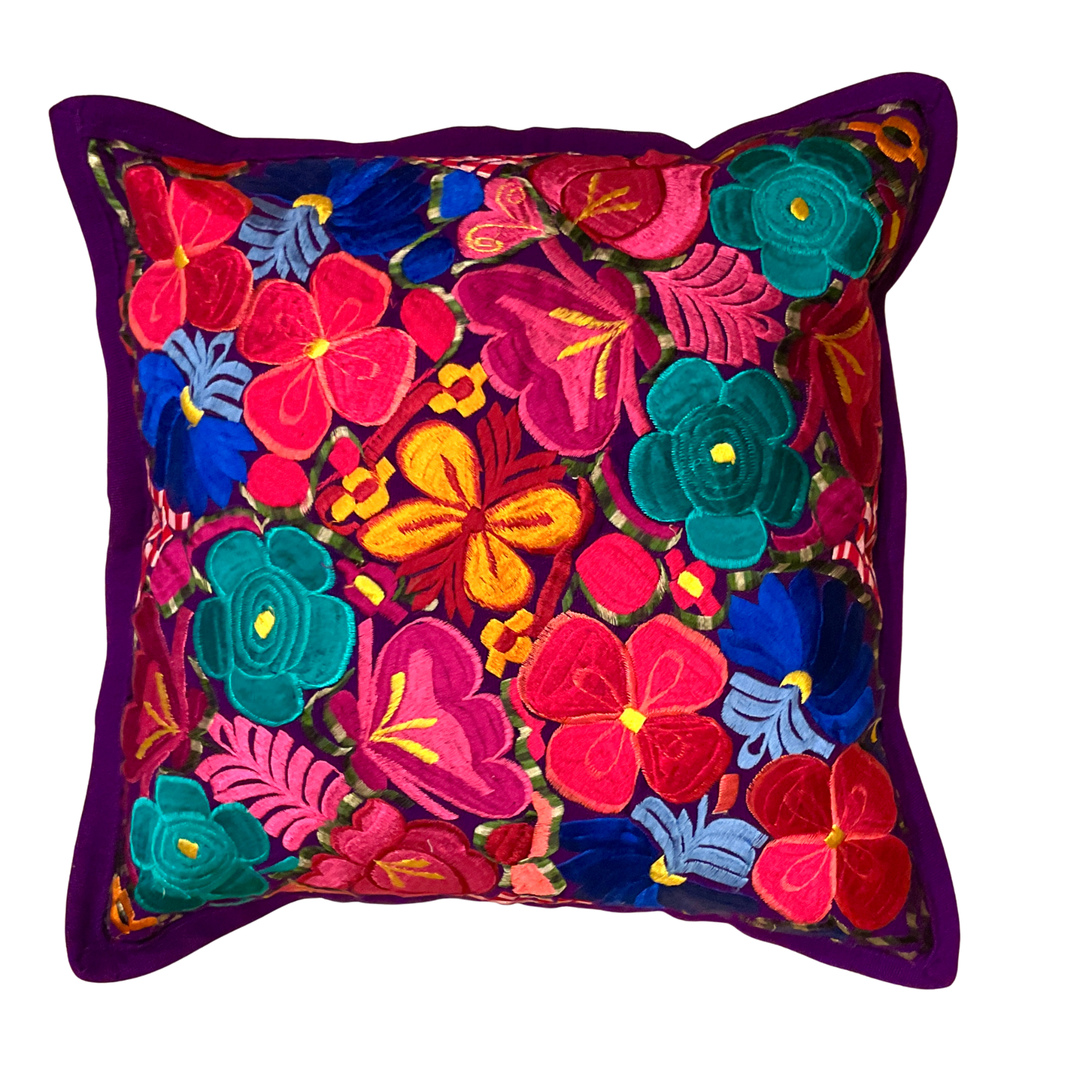 Handgewebte Kissenhülle mit Blumenstickerei – Bunt, 48x48 cm – Chichicastenango Design