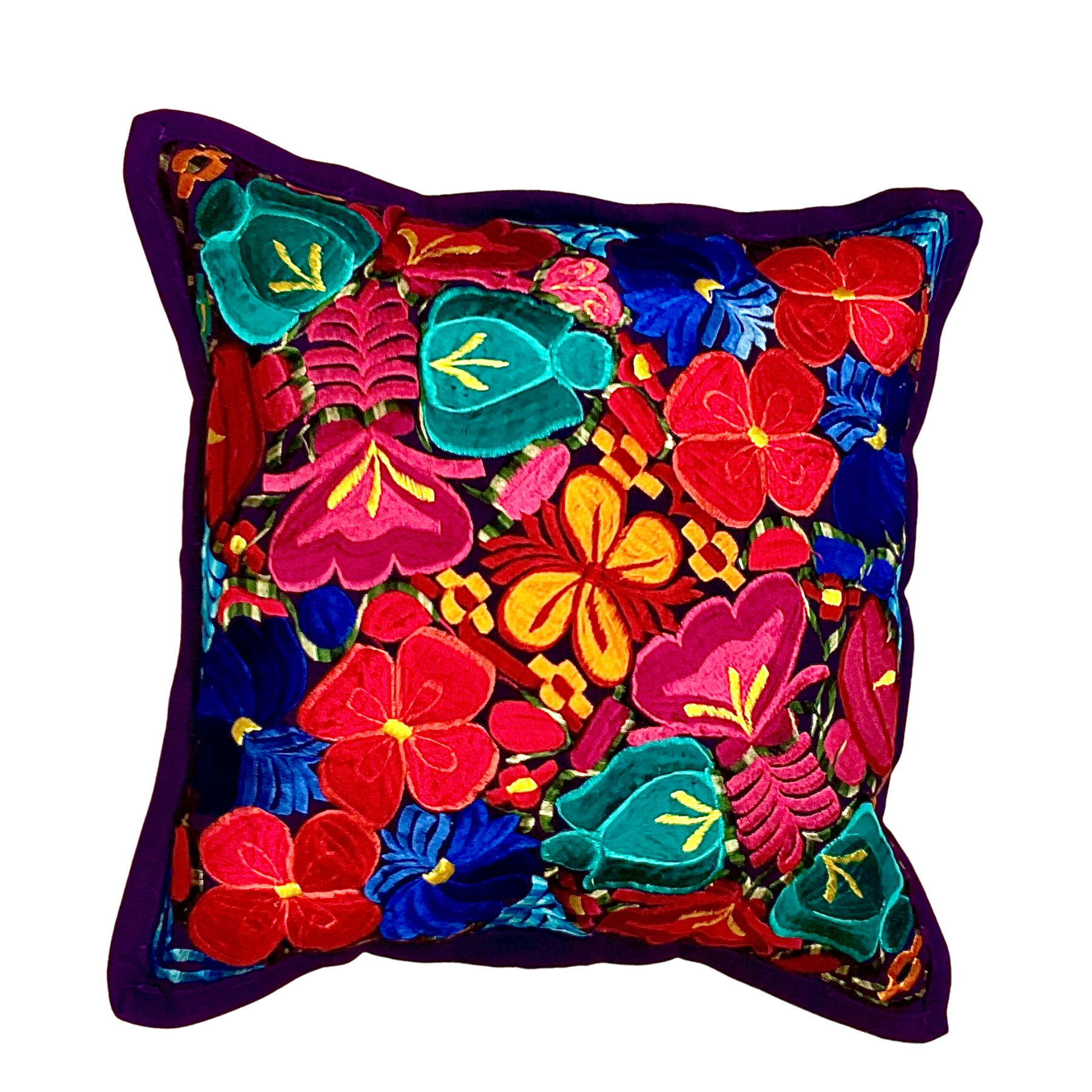 Handgewebte Kissenhülle mit Blumenstickerei – Bunt, 48x48 cm – Chichicastenango Design