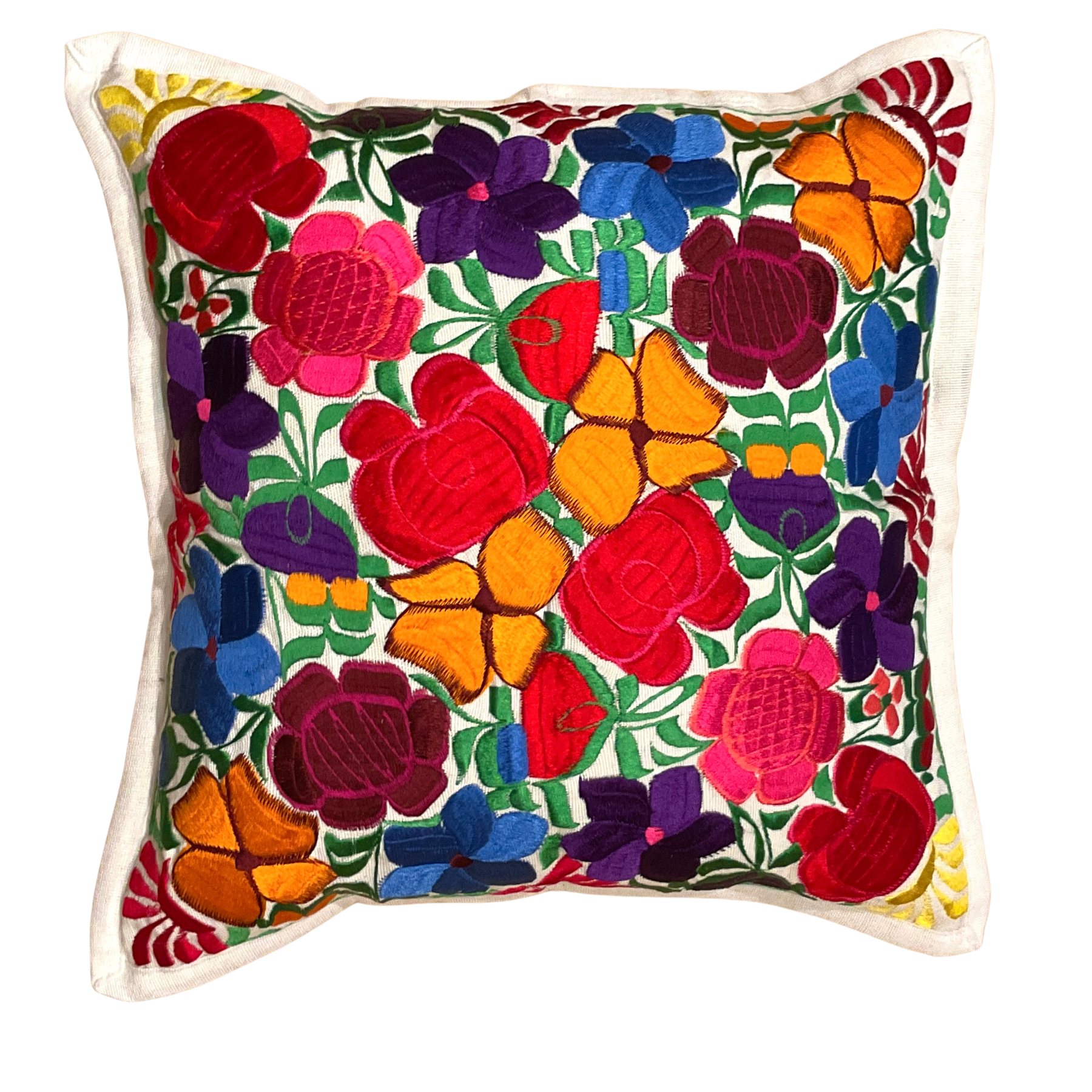 Handgewebte Kissenhülle mit Blumenstickerei – Bunt, 48x48 cm – Chichicastenango Design